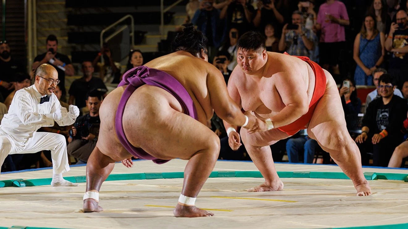 Sumo wrestlers competing — 400-pound athletes with cleaner arteries than most Western men